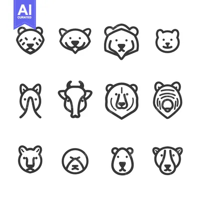 Aset desain premium: A Set of Twelve Animal Faces in Line Art Style