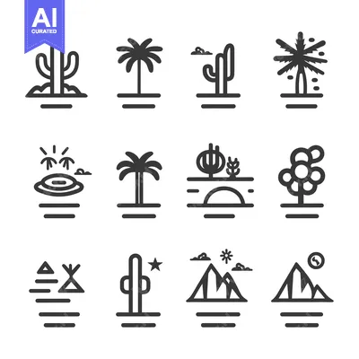 Aset desain premium: Desert Landscape Icons with Cacti, Palm Trees, and Mountains