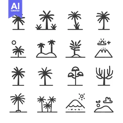 Aset premium populer: Set of Hand-Drawn Tropical Tree and Mountain Icons