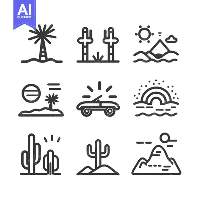 Aset desain premium: Nine Simple Line Drawings of Desert Landscape Elements