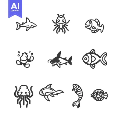 Popular premium asset: Nine Black and White Line Art Drawings of Sea Creatures