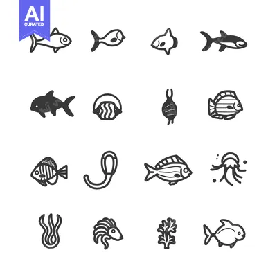 Aset desain premium: A Set of Sixteen Black and White Fish Icons