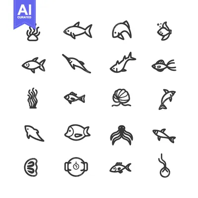 Aset desain premium: Set of Black and White Line Drawings of Sea Creatures