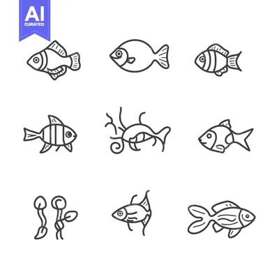 Premium design asset: Nine Line Drawings of Fish and Aquatic Plants