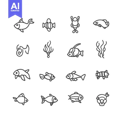 Aset desain premium: Set of Black Line Icons of Various Fish and Sea Creatures