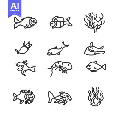 Premium design asset: Hand-Drawn Line Art of Various Fish and Seaweed