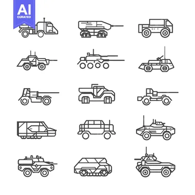 Aset desain premium: A Collection of Military Vehicles Illustrated in Black and White Line