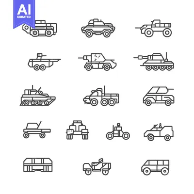 Popular premium asset: Collection of Military and Utility Vehicle Line Icons