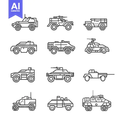 Aset desain premium: Line Art Illustrations of Various Military Vehicles