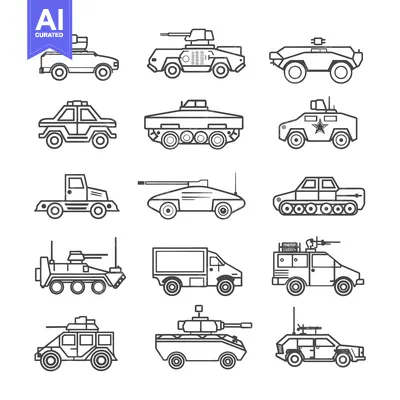 Aset premium populer: Collection of Military Vehicles Line Art Icons