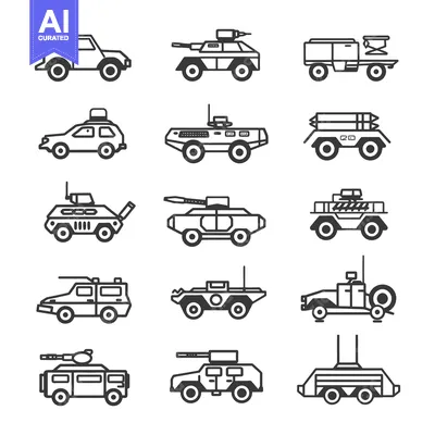 Aset premium populer: A Collection of Military Vehicles in Line Art Style