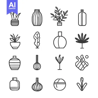 Aset premium populer: Line Art Icons of Plants, Vases, and Bottles