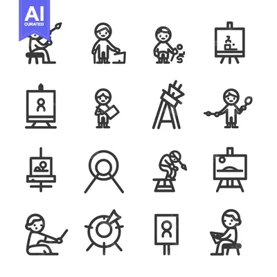 Aset desain premium: Set of Line Icons Depicting People Engaged in Art and Design Activitie