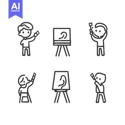 Premium design asset: Set of Line Art Illustrations of People Painting on Canvases