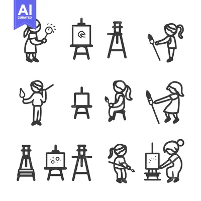 Premium design asset: Set of Line Icons Depicting People Painting on Easels