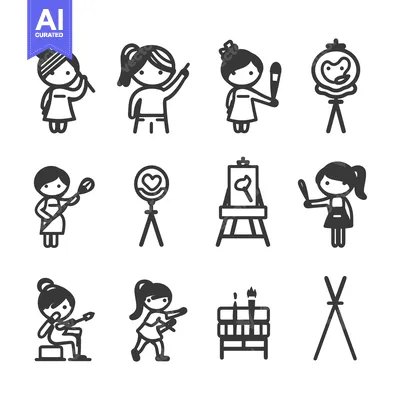 Aset premium populer: A Set of Line Art Icons Depicting Girls Engaged in Various Artistic Ac