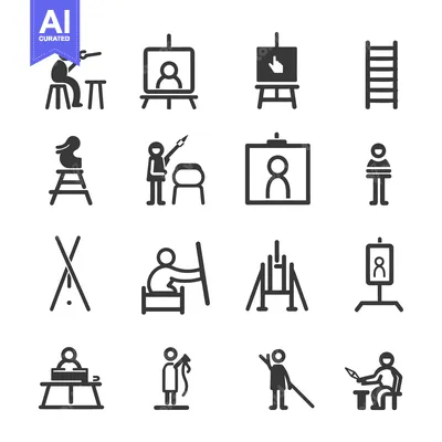 Aset premium populer: Set of Artist Icons with Different Poses and Tools
