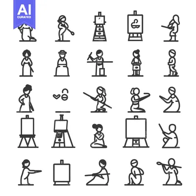 Aset desain premium: Set of Linear Icons Depicting Individuals Engaging in Artistic Activit