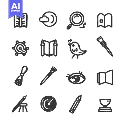Aset desain premium: Set of 16 Outline Icons Related to Art, Education, and Design
