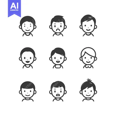 Aset premium populer: Set of Nine Simple Cartoon Child Icons with Different Hairstyles and E