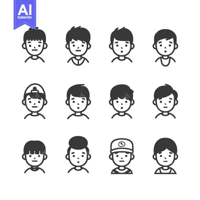Aset premium populer: Twelve Black and White Line Drawings of Boy Icons