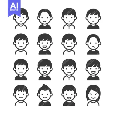 Aset premium populer: A Set of Simple Black and White Cartoon Profile Icons Depicting Differ