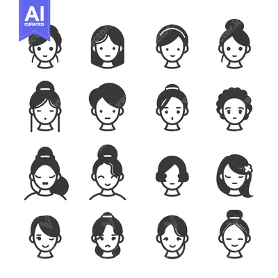Aset desain premium: Sixteen Black and White Icons of Women's Faces with Different Hairstyl