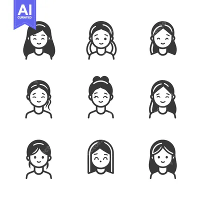 Aset desain premium: Set of nine black and white female avatar icons with different hairsty