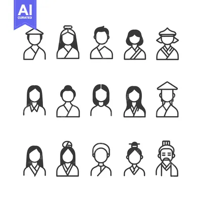 Set of 15 Traditional Asian Person Icons