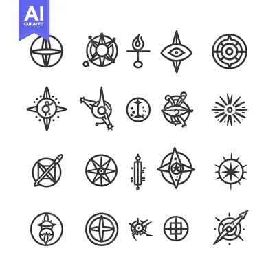 Aset desain premium: Set of Hand-Drawn Compass Icons with Stars and Geometric Shapes