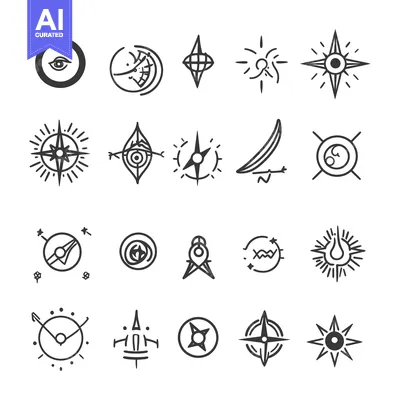 A Collection of Hand-Drawn Abstract Symbols with Eyes, Stars, and Comp