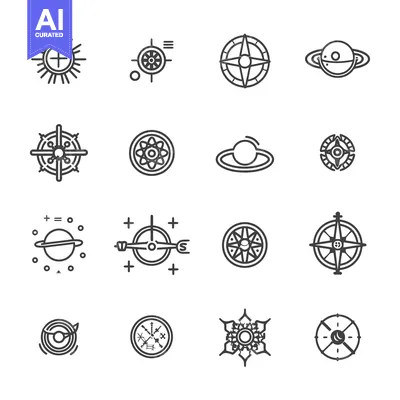 Aset desain premium: A Set of Sixteen Black and White Compass and Planet-Themed Line Art Il