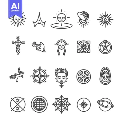 Premium design asset: A Set of 18 Black Line Drawings of Various Spiritual and Celestial Sym