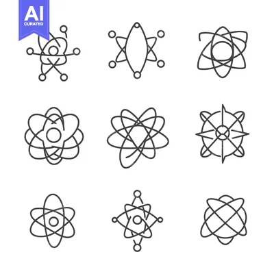 Set of nine different line art atom icons