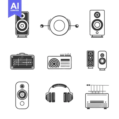 Aset desain premium: Audio Device Icons Set: Speakers, Headphones, Radio, and Stereo System