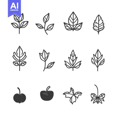 Aset desain premium: Set of Line Art Leaf and Fruit Icons