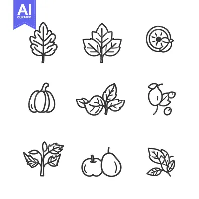 Aset desain premium: Set of Nine Line Icons Depicting Various Fruits and Leaves