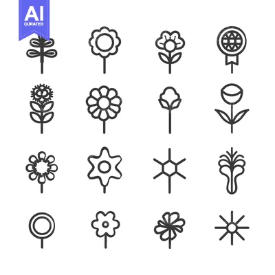 Aset premium populer: Set of Sixteen Unique Floral Icons in Outline Style
