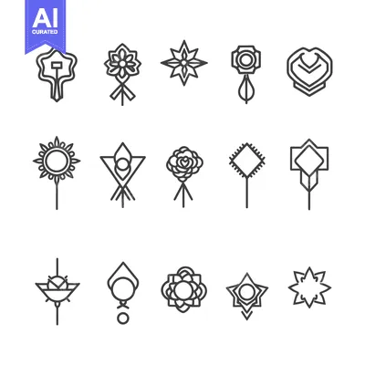 Aset desain premium: Set of Geometric Flower and Star Shapes with Stems