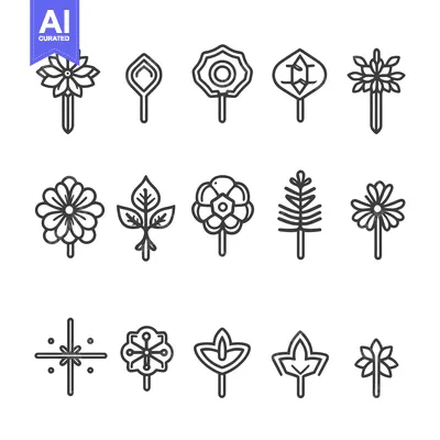 Aset desain premium: Set of 15 Line Icons Depicting Floral and Leaf Designs