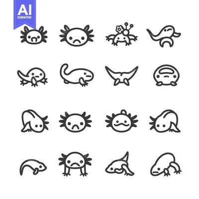 Aset premium populer: Set of Cute Cartoon Amphibian Icons in Black and White