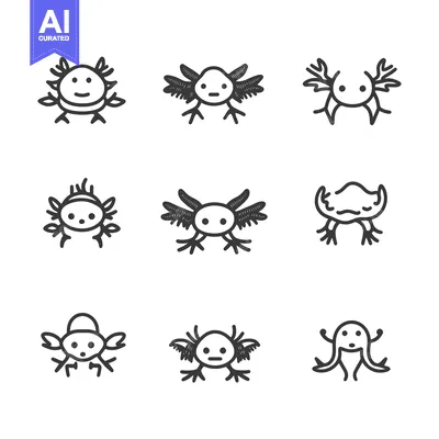 Aset premium populer: Nine Line Drawings of Cartoon Axolotls with Different Expressions