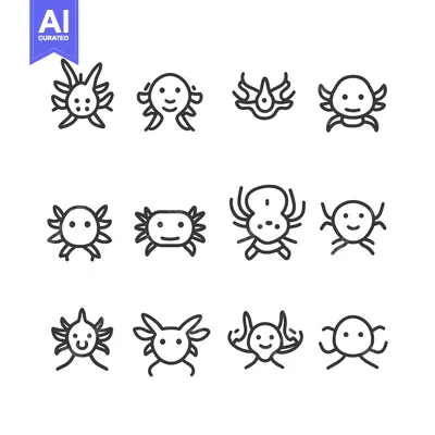 Aset desain premium: Set of twelve black line drawings of cartoon crabs