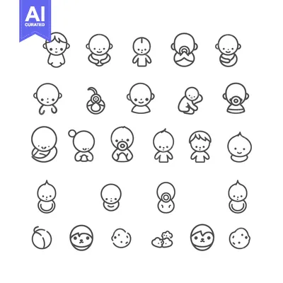 Aset premium populer: Set of 25 Cute Baby Icons in Outline Style
