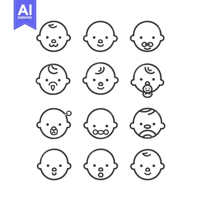 Aset desain premium: Set of 12 Baby Face Line Icons with Different Expressions