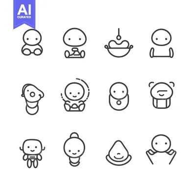 Aset desain premium: Set of Cute Cartoon Character Line Icons with Different Poses and Expr