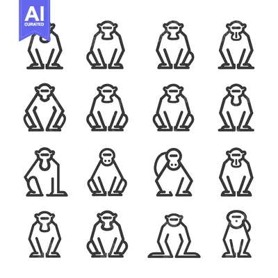 Popular premium asset: Sixteen Line Drawings of Sitting Monkeys in Various Poses