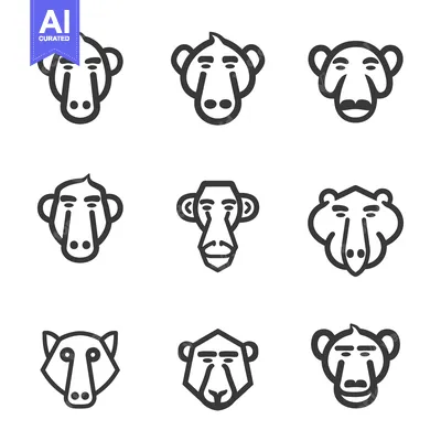 Aset premium populer: Nine Stylized Black and White Outline Baboon Faces