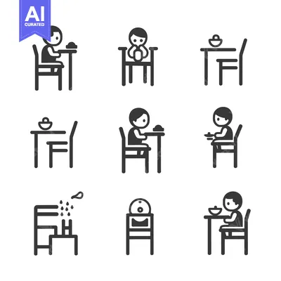 Aset premium populer: Set of  9  Icons  of  Children  Eating  at  Tables  and  Chairs