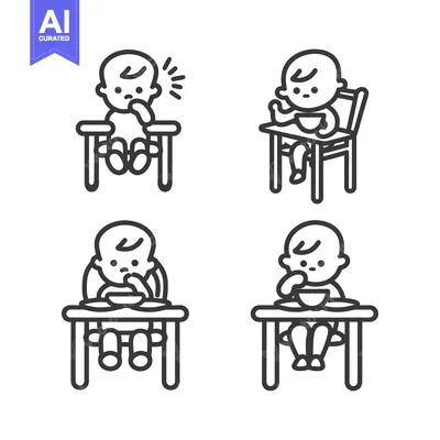 Popular premium asset: Four Line Drawings of a Baby Sitting in a High Chair Eating